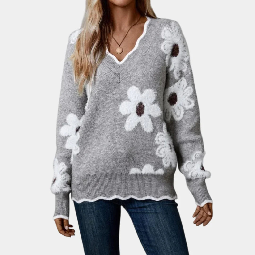 PAULA | TRICOT FLORAL ÉLÉGANT AVEC COL EN V