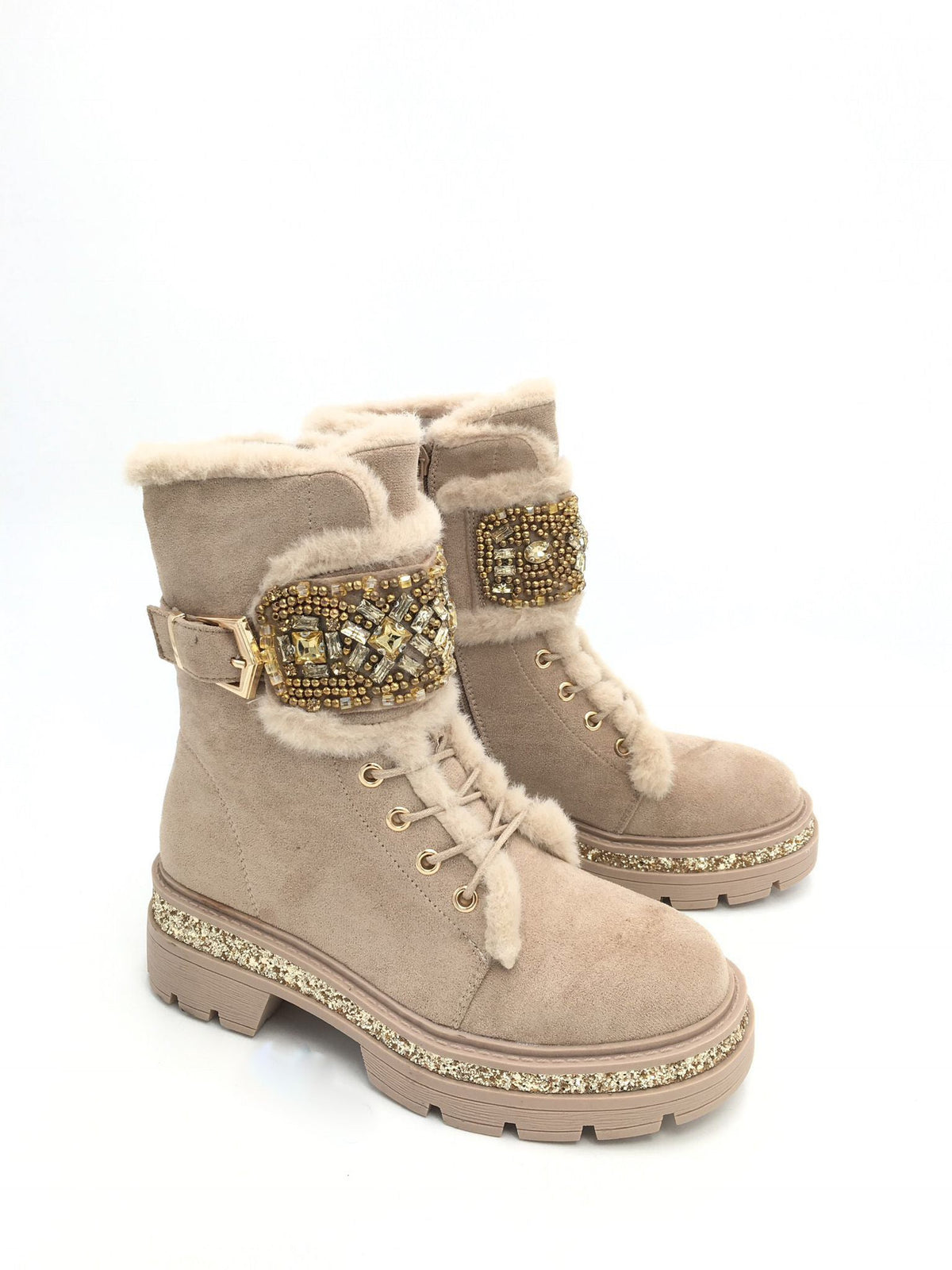 Bottines Kaki à Détails Strass