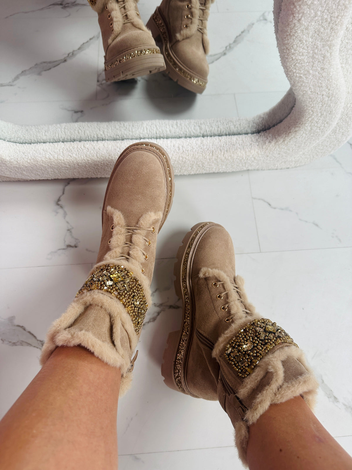 Bottines Kaki à Détails Strass