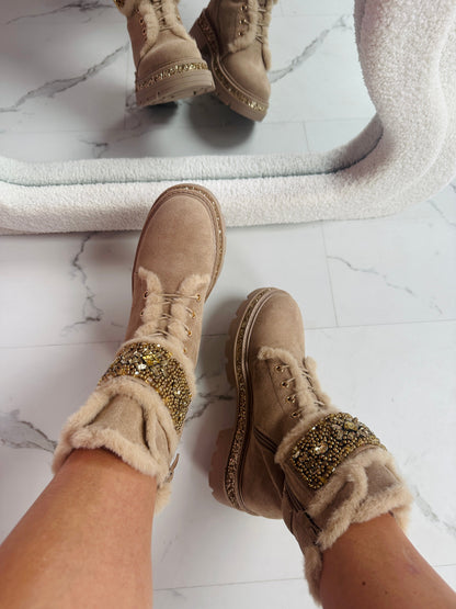 Bottines Kaki à Détails Strass