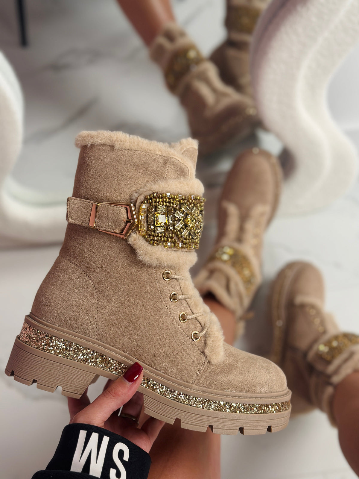 Bottines Kaki à Détails Strass