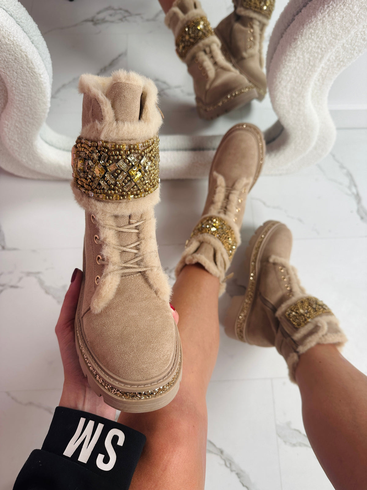 Bottines Kaki à Détails Strass