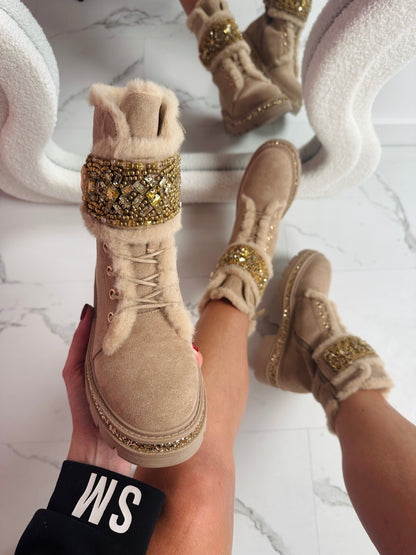 Bottines Kaki à Détails Strass
