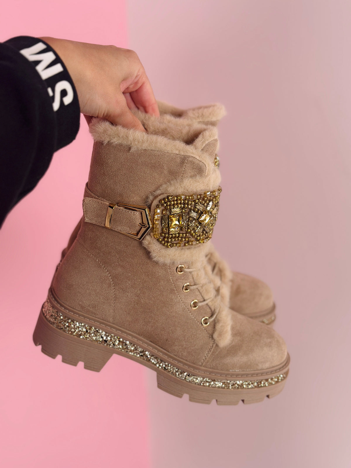 Bottines Kaki à Détails Strass