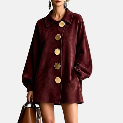 Amelia | Manteau Effet Daim à Boutons Dorés