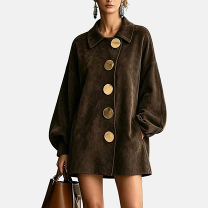 Amelia | Manteau Effet Daim à Boutons Dorés